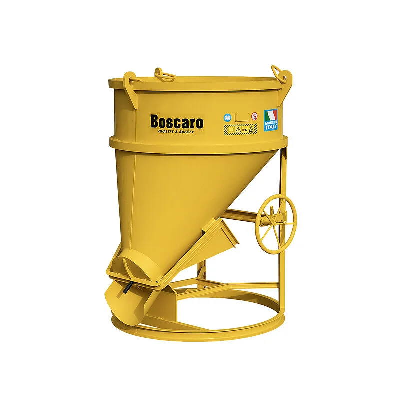 Conical concrete bucket with bottom-side discharge and geared opening