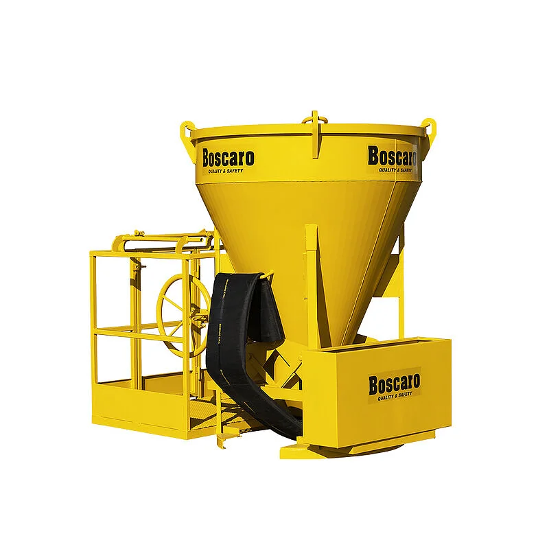 Conical concrete bucket with rubber hose geared opening and operator platform