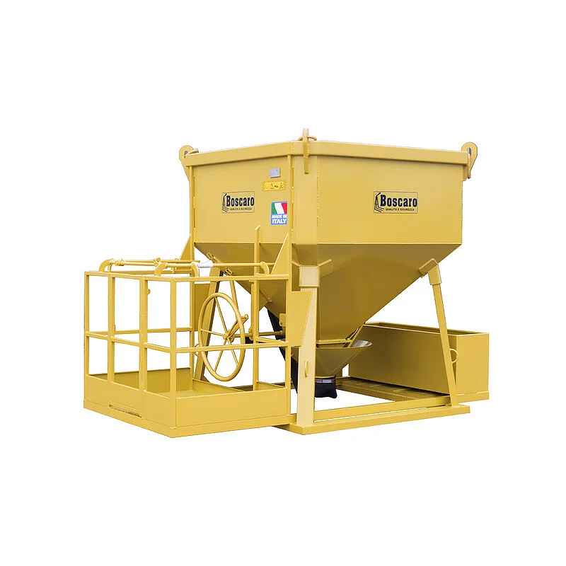 Concrete bucket with rubber hose geared opening and operator platform