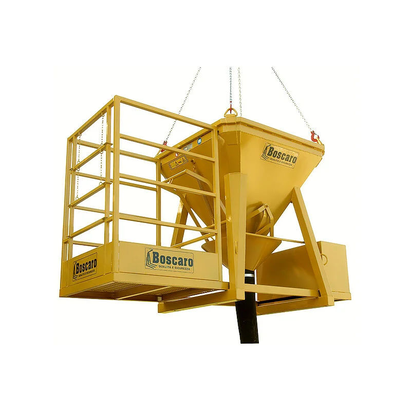 Concrete bucket with rubber hose levered opening and operator platform