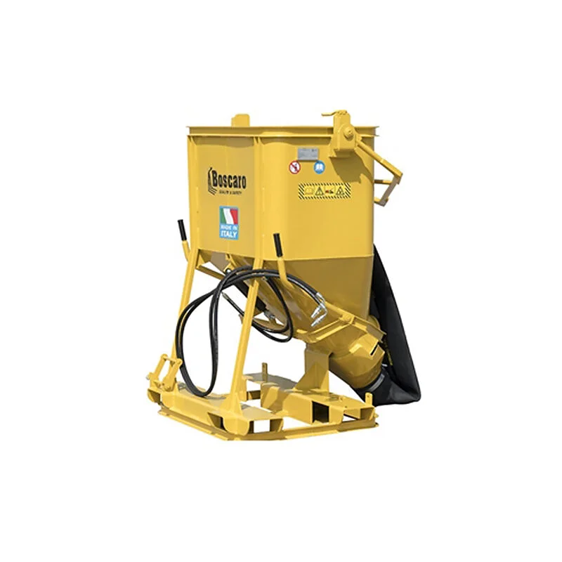 Concrete bucket with lateral discharge rubber hose and hydraulic opening