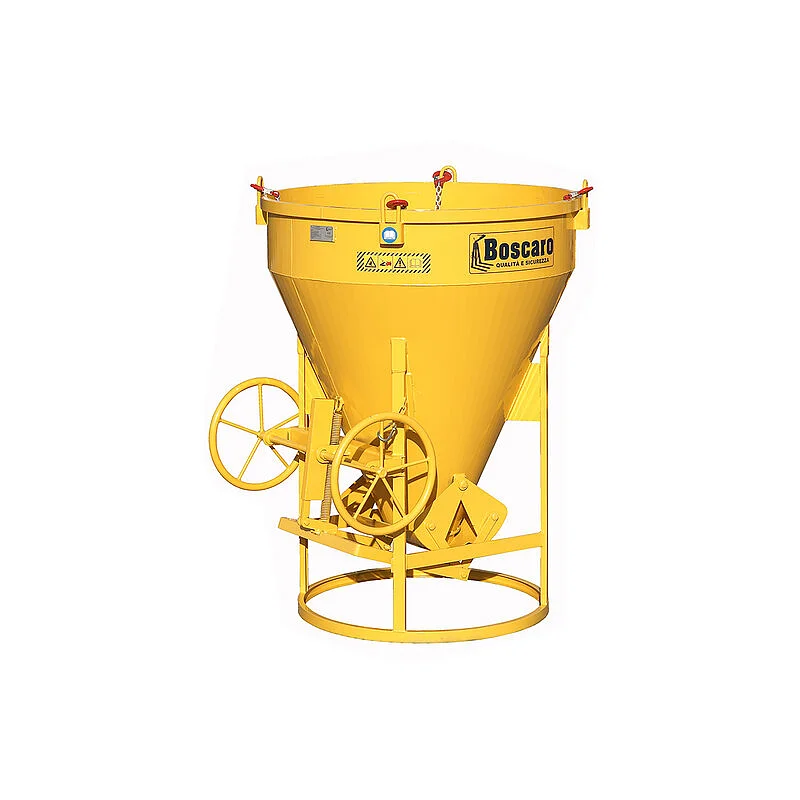 Heavy duty conical concrete bucket with central discharge and attachments