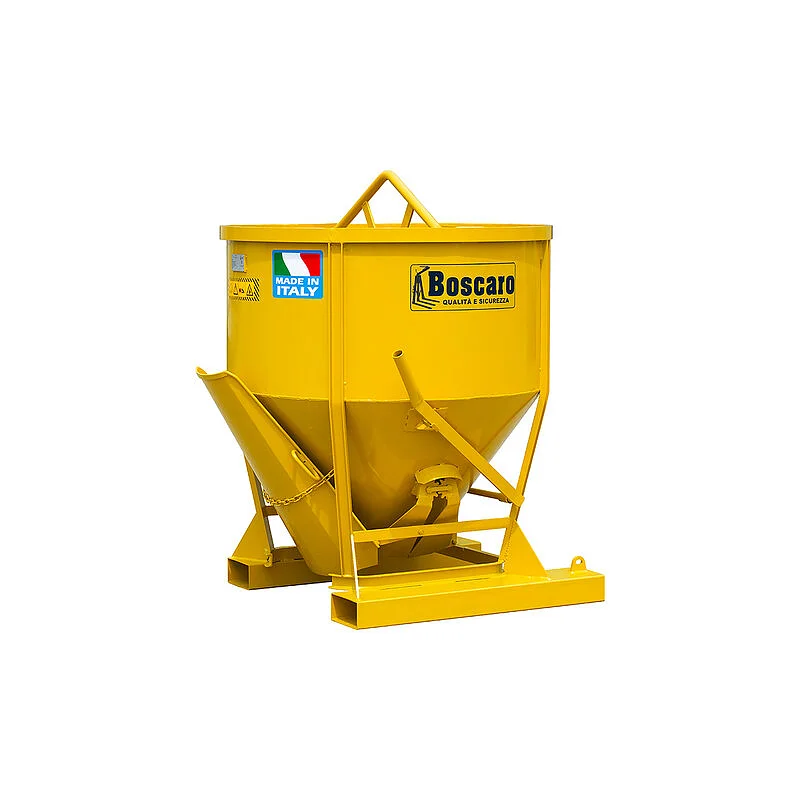 Conical concrete skip with bottom-side discharge and forklift pockets